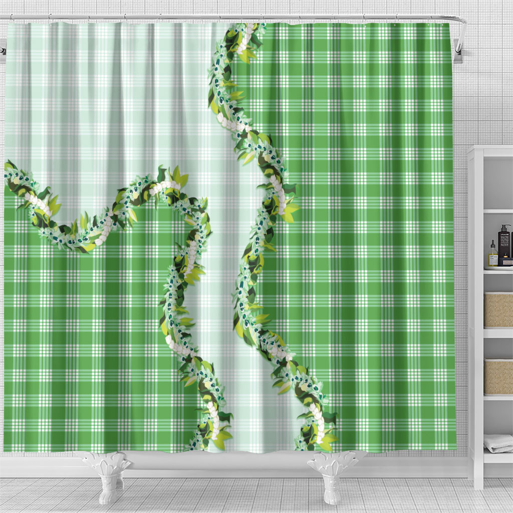 Green Hawaii Palaka Shower Curtain Maile Pikake Honohono Orchid Lei