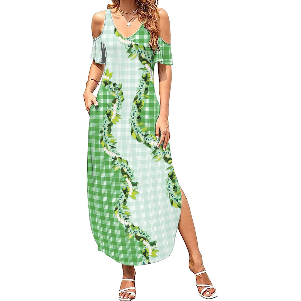 Green Hawaii Palaka Summer Maxi Dress Maile Pikake Honohono Orchid Lei