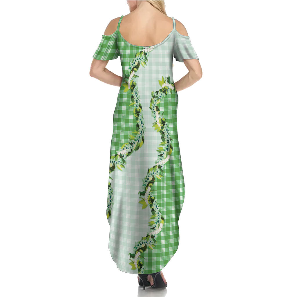 Green Hawaii Palaka Summer Maxi Dress Maile Pikake Honohono Orchid Lei