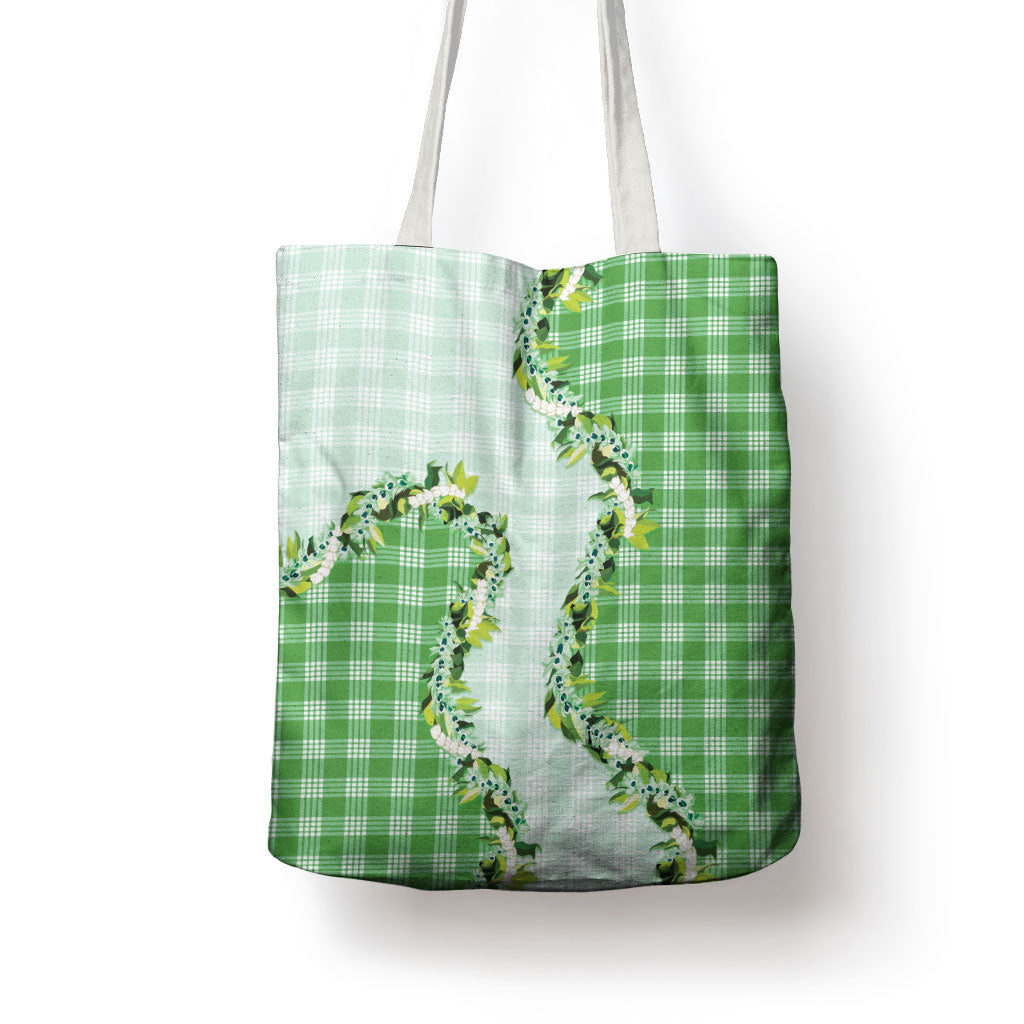 Green Hawaii Palaka Tote Bag Maile Pikake Honohono Orchid Lei