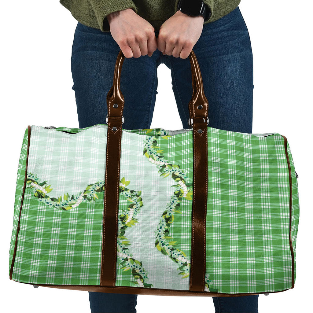 Green Hawaii Palaka Travel Bag Maile Pikake Honohono Orchid Lei