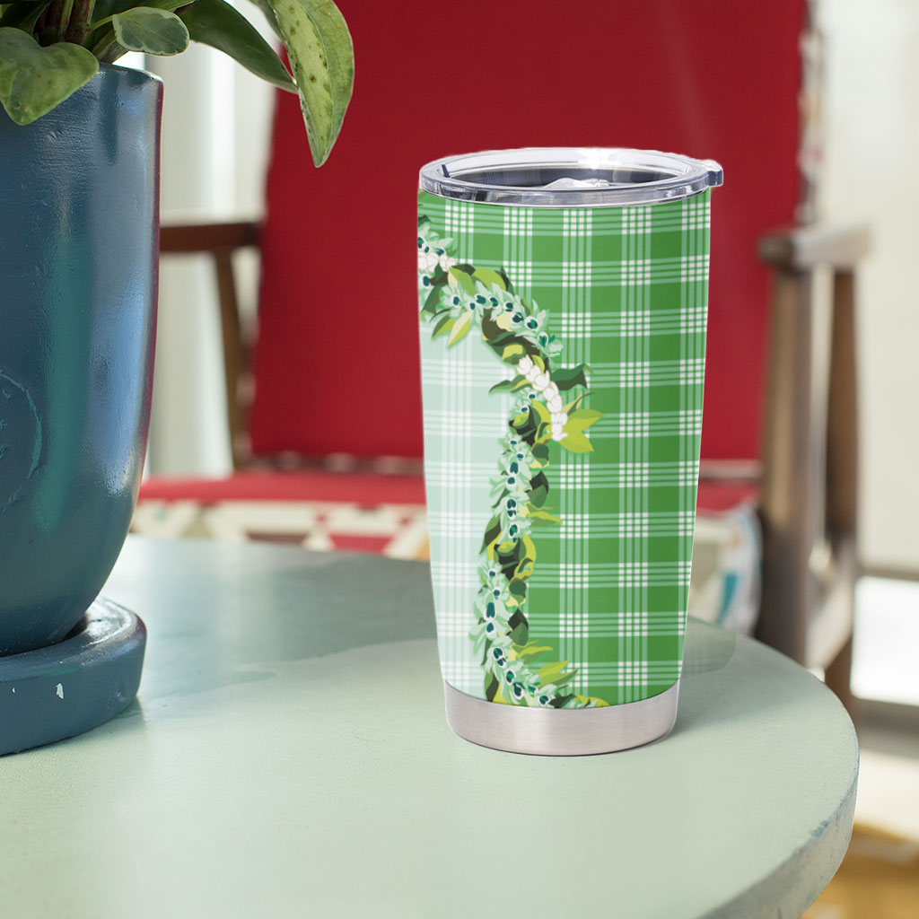 Green Hawaii Palaka Tumbler Cup Maile Pikake Honohono Orchid Lei