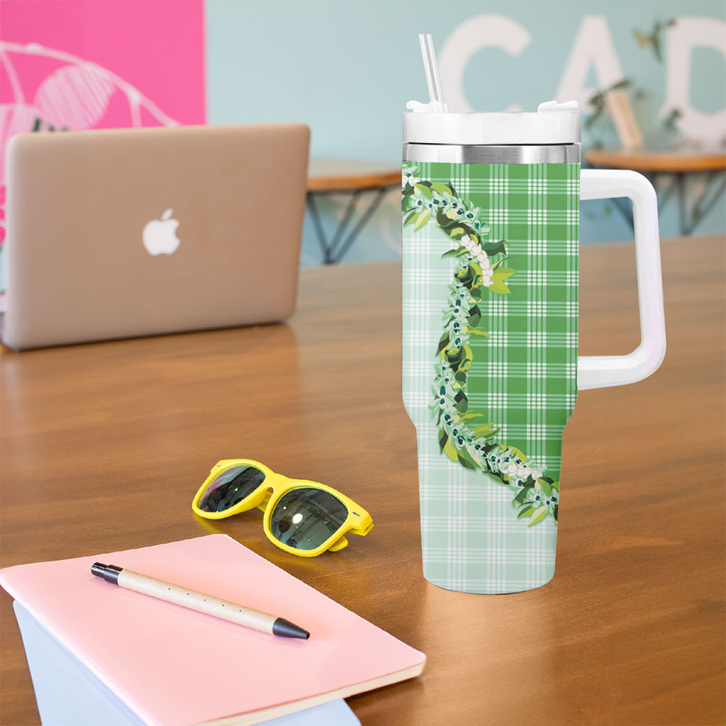 Green Hawaii Palaka Tumbler With Handle Maile Pikake Honohono Orchid Lei