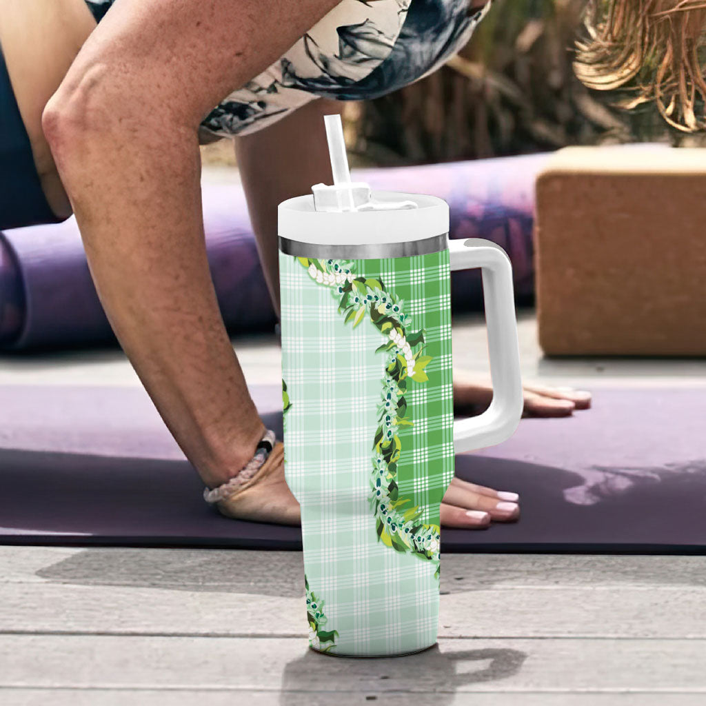 Green Hawaii Palaka Tumbler With Handle Maile Pikake Honohono Orchid Lei
