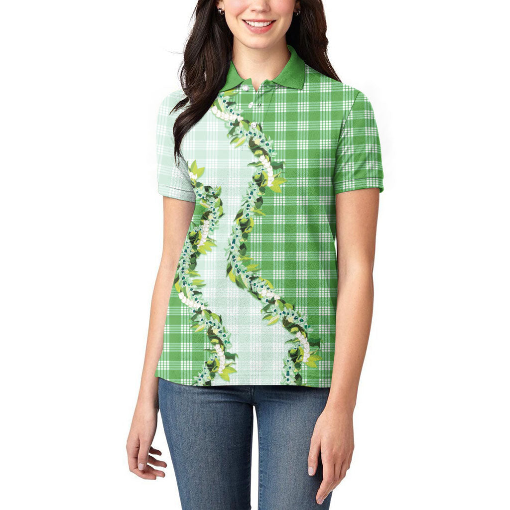 Green Hawaii Palaka Women Polo Shirt Maile Pikake Honohono Orchid Lei
