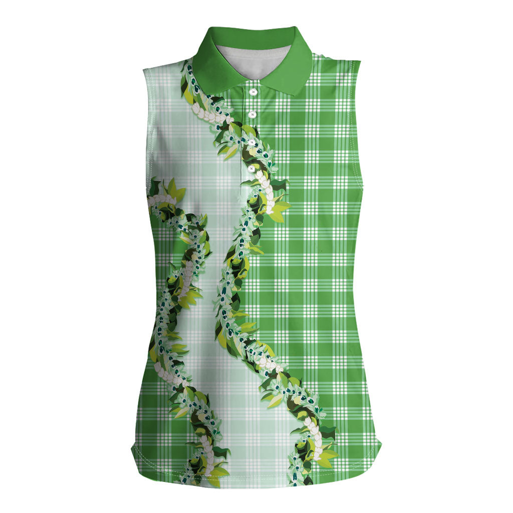 Green Hawaii Palaka Women Sleeveless Polo Shirt Maile Pikake Honohono Orchid Lei LT05 Female Green - Polynesian Pride