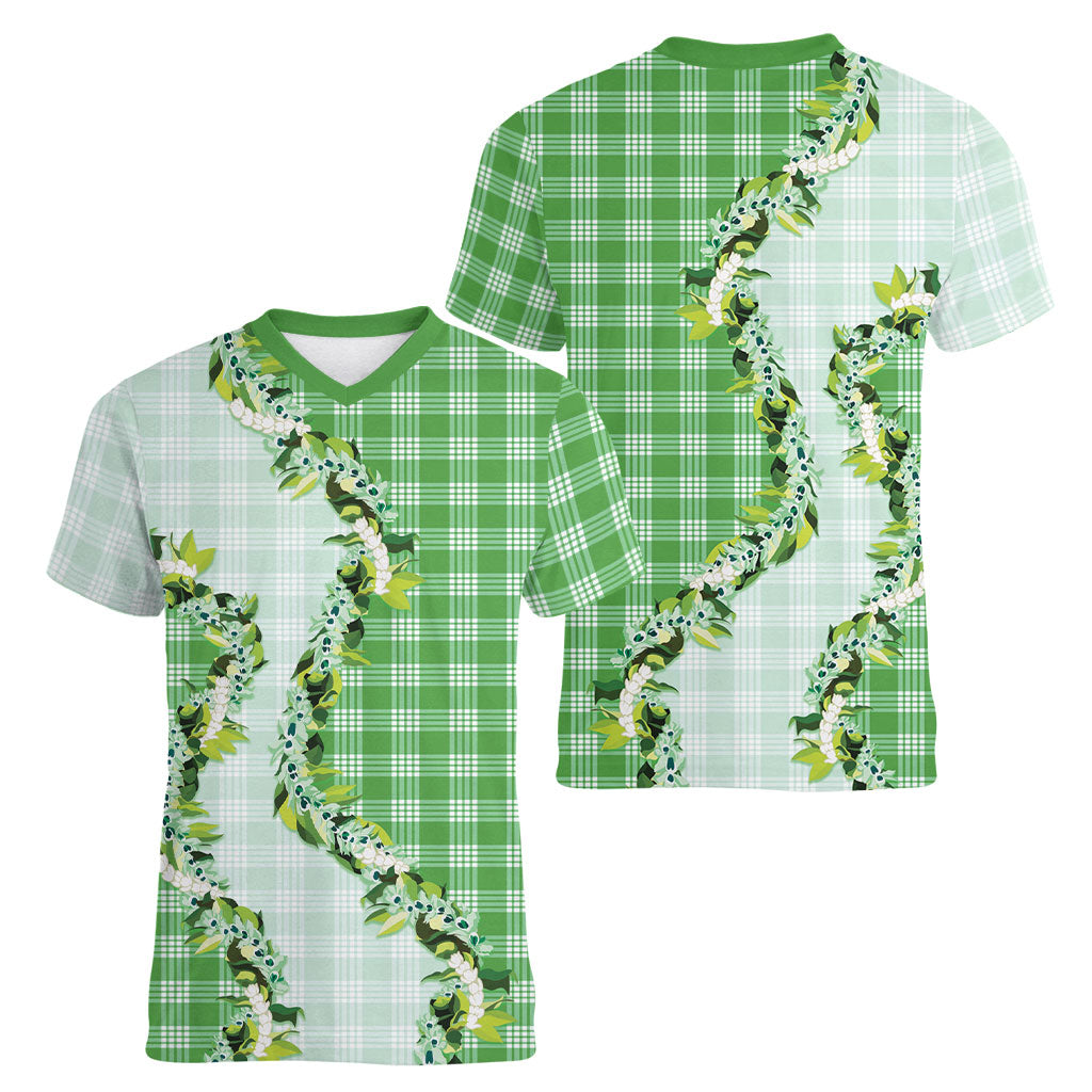 Green Hawaii Palaka Women V-Neck T-Shirt Maile Pikake Honohono Orchid Lei LT05 - Polynesian Pride