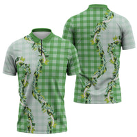 Green Hawaii Palaka Zipper Polo Shirt Maile Pikake Honohono Orchid Lei