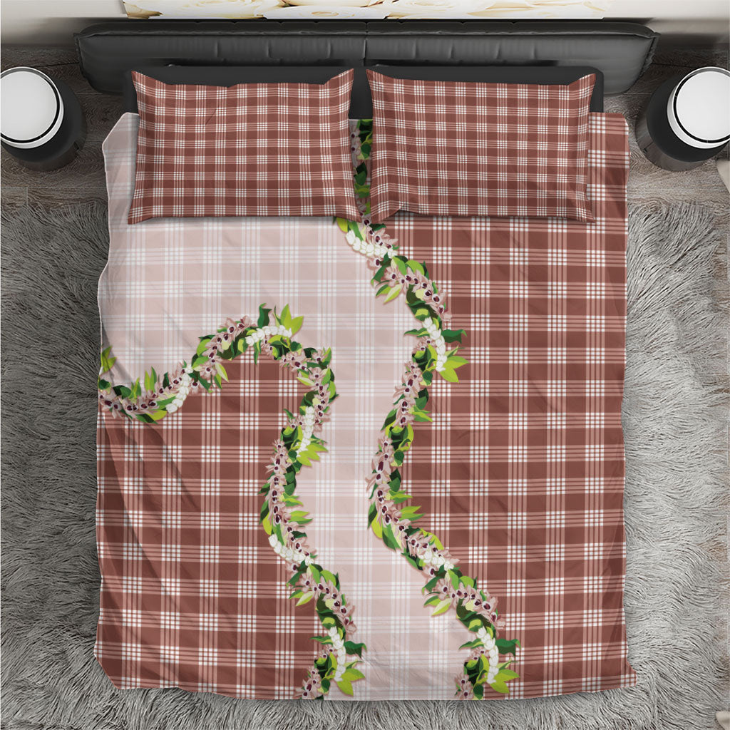Mocha Hawaii Palaka Bedding Set Maile Pikake Honohono Orchid Lei