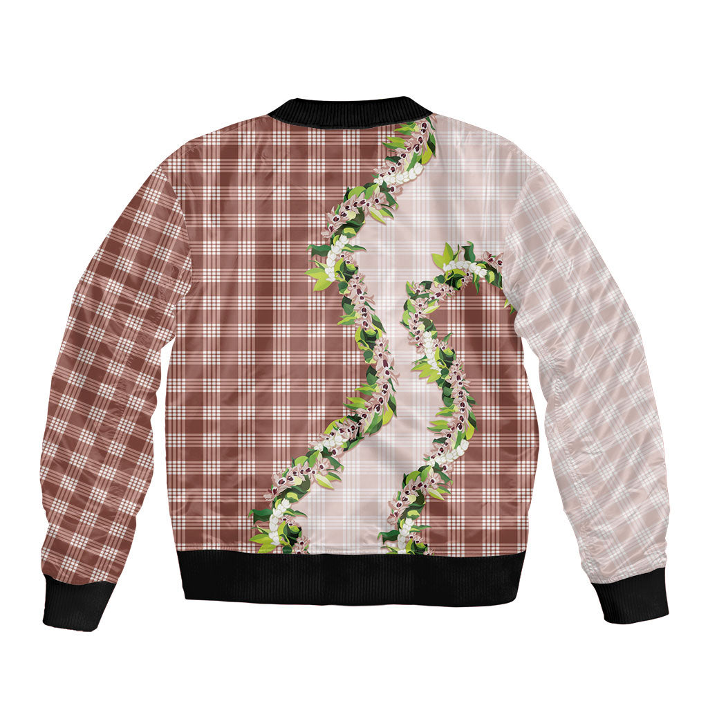 Mocha Hawaii Palaka Bomber Jacket Maile Pikake Honohono Orchid Lei LT05 - Polynesian Pride