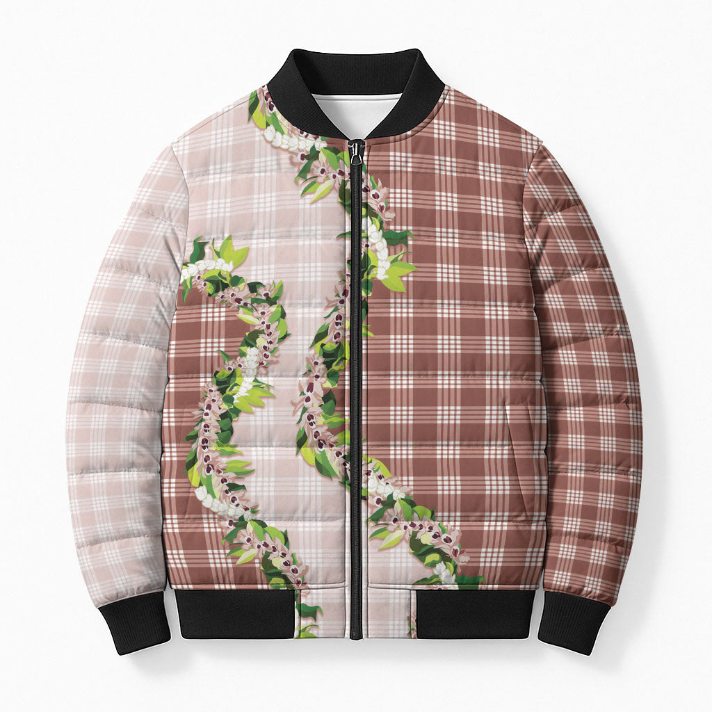 Mocha Hawaii Palaka Bomber Puffer Jacket Maile Pikake Honohono Orchid Lei