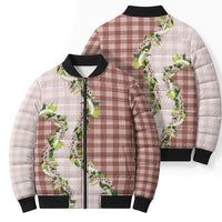 Mocha Hawaii Palaka Bomber Puffer Jacket Maile Pikake Honohono Orchid Lei