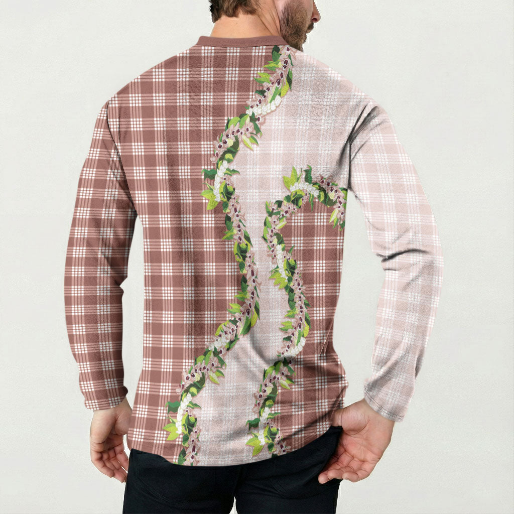 Mocha Hawaii Palaka Button Sweatshirt Maile Pikake Honohono Orchid Lei