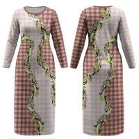 Mocha Hawaii Palaka Couples Matching Long Sleeve Bodycon Dress and Long Sleeve Button Shirt Maile Pikake Honohono Orchid Lei LT05 - Polynesian Pride