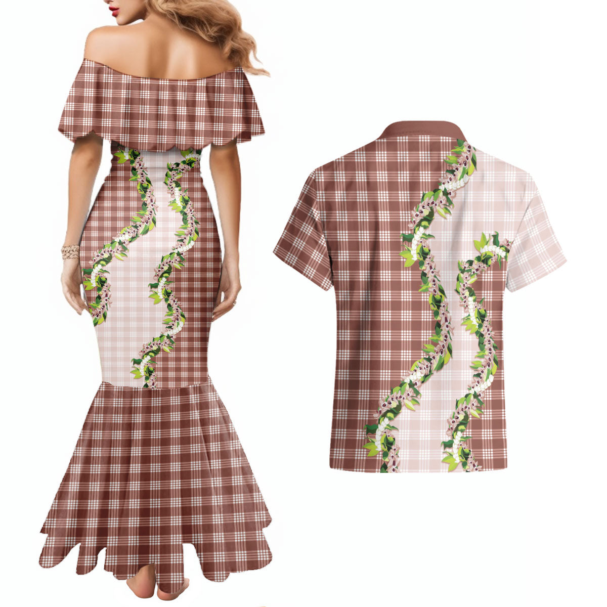 Mocha Hawaii Palaka Couples Matching Mermaid Dress and Hawaiian Shirt Maile Pikake Honohono Orchid Lei LT05 - Polynesian Pride