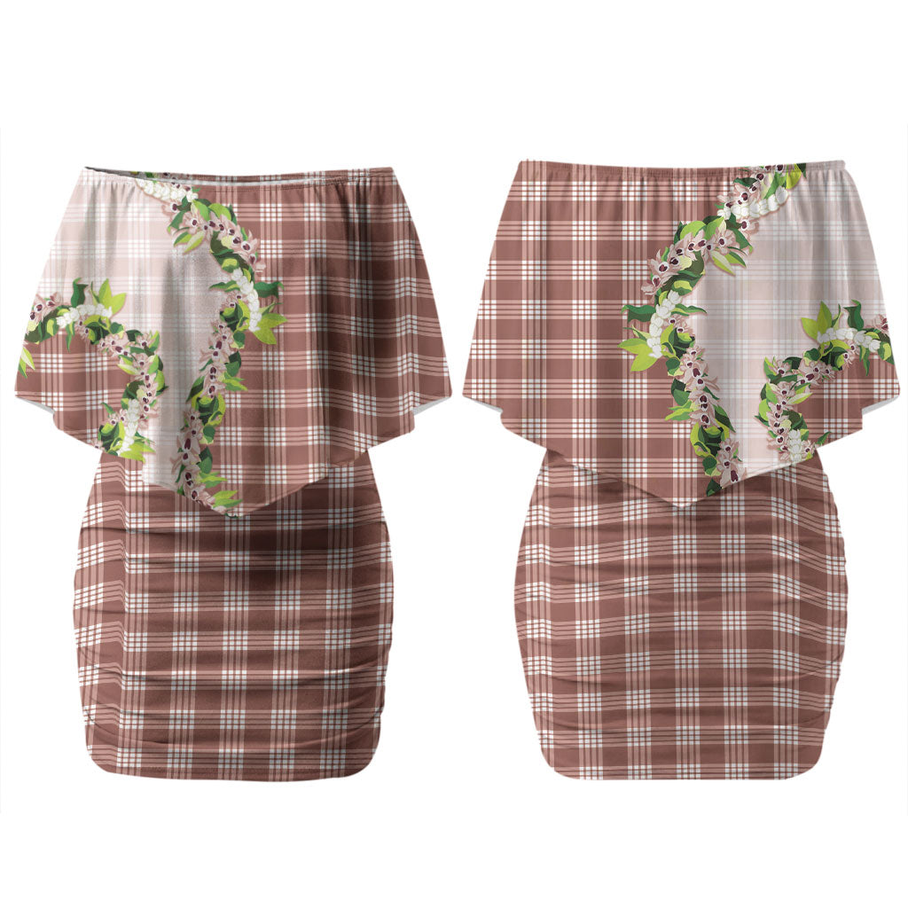 Mocha Hawaii Palaka Couples Matching Off Shoulder Short Dress and Long Sleeve Button Shirt Maile Pikake Honohono Orchid Lei LT05 - Polynesian Pride