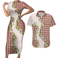 Mocha Hawaii Palaka Couples Matching Short Sleeve Bodycon Dress and Hawaiian Shirt Maile Pikake Honohono Orchid Lei LT05 Mocha - Polynesian Pride