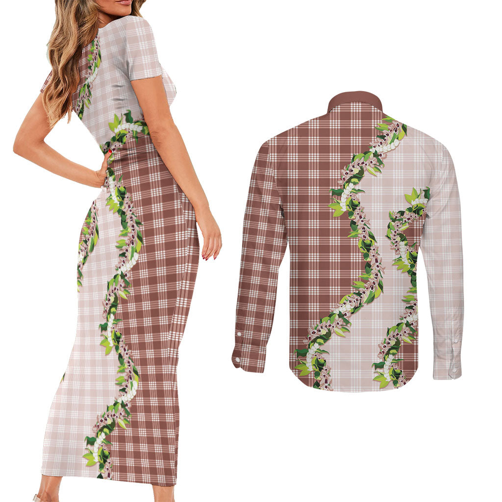 Mocha Hawaii Palaka Couples Matching Short Sleeve Bodycon Dress and Long Sleeve Button Shirt Maile Pikake Honohono Orchid Lei LT05 - Polynesian Pride
