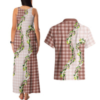 Mocha Hawaii Palaka Couples Matching Tank Maxi Dress and Hawaiian Shirt Maile Pikake Honohono Orchid Lei LT05 - Polynesian Pride
