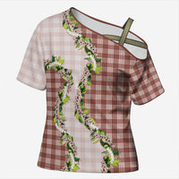 Mocha Hawaii Palaka Cross Shoulder Shirt Maile Pikake Honohono Orchid Lei