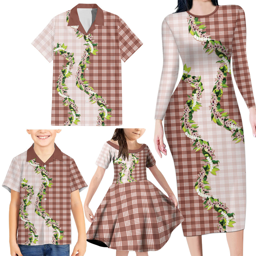 Mocha Hawaii Palaka Family Matching Long Sleeve Bodycon Dress and Hawaiian Shirt Maile Pikake Honohono Orchid Lei LT05 - Polynesian Pride
