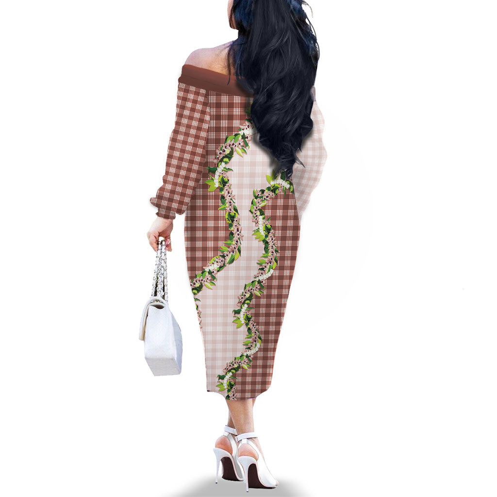 Mocha Hawaii Palaka Family Matching Off The Shoulder Long Sleeve Dress and Hawaiian Shirt Maile Pikake Honohono Orchid Lei LT05 - Polynesian Pride