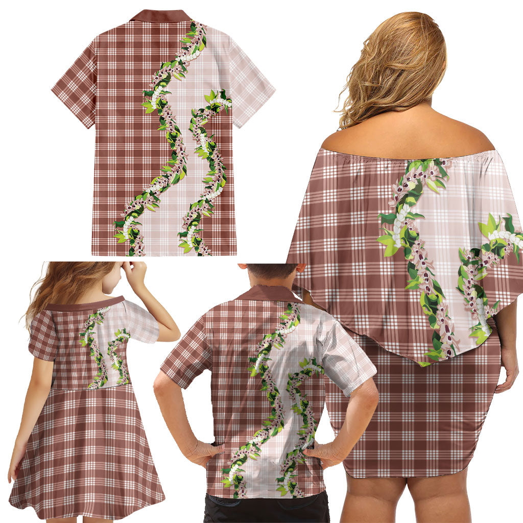 Mocha Hawaii Palaka Family Matching Off Shoulder Short Dress and Hawaiian Shirt Maile Pikake Honohono Orchid Lei LT05 - Polynesian Pride