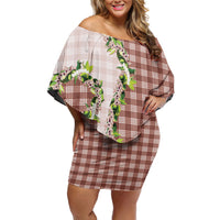 Mocha Hawaii Palaka Family Matching Off Shoulder Short Dress and Hawaiian Shirt Maile Pikake Honohono Orchid Lei LT05 Mom's Dress Mocha - Polynesian Pride