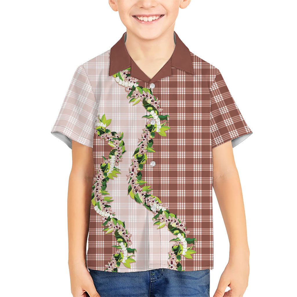 Mocha Hawaii Palaka Family Matching Off Shoulder Short Dress and Hawaiian Shirt Maile Pikake Honohono Orchid Lei LT05 Son's Shirt Mocha - Polynesian Pride