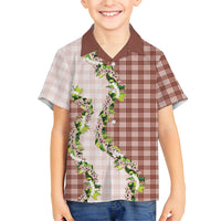 Mocha Hawaii Palaka Family Matching Off Shoulder Short Dress and Hawaiian Shirt Maile Pikake Honohono Orchid Lei LT05 Son's Shirt Mocha - Polynesian Pride