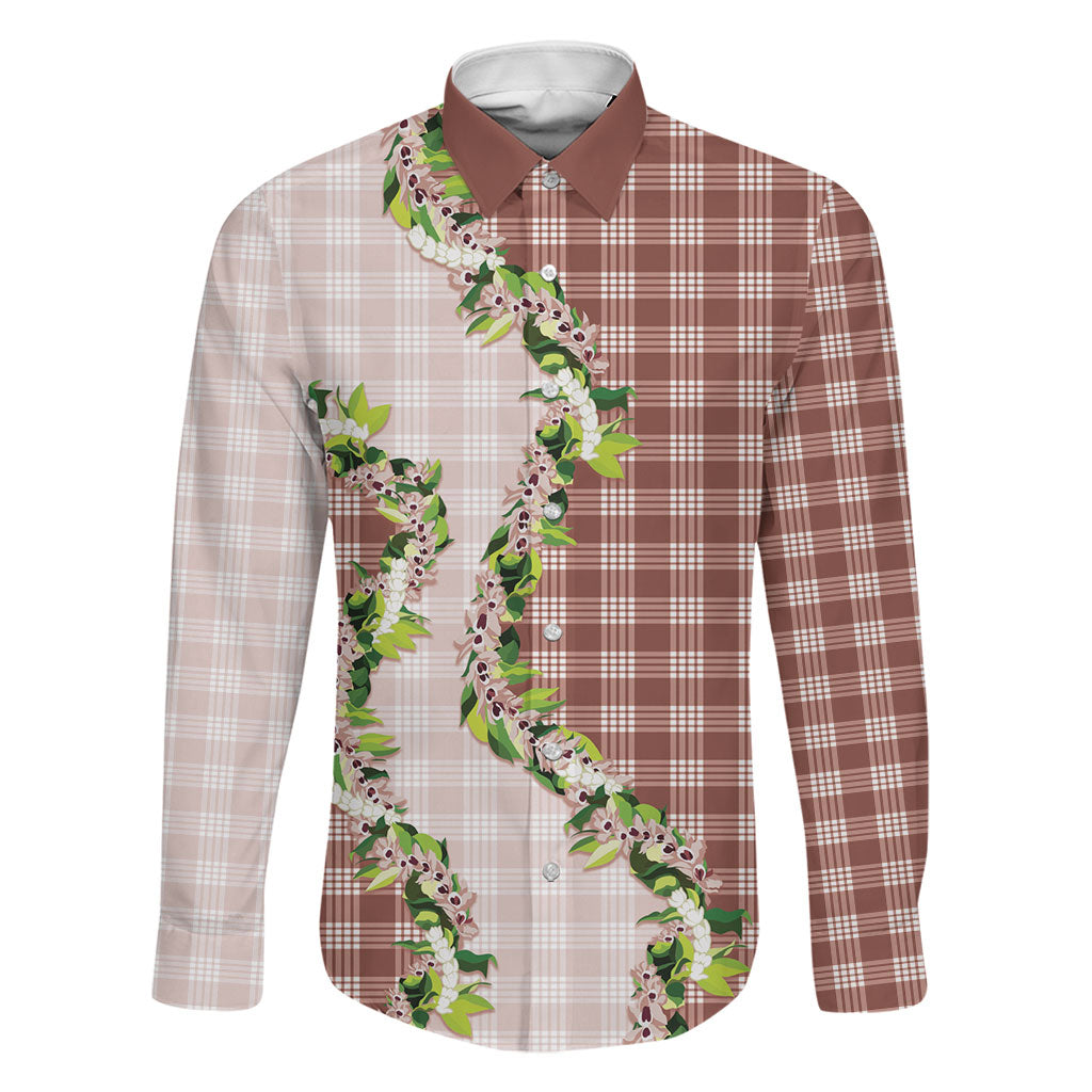 Mocha Hawaii Palaka Family Matching Puletasi and Hawaiian Shirt Maile Pikake Honohono Orchid Lei LT05 Dad's Shirt - Long Sleeve Mocha - Polynesian Pride