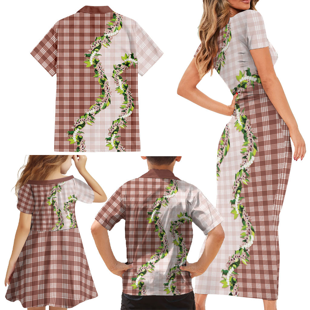 Mocha Hawaii Palaka Family Matching Short Sleeve Bodycon Dress and Hawaiian Shirt Maile Pikake Honohono Orchid Lei LT05 - Polynesian Pride