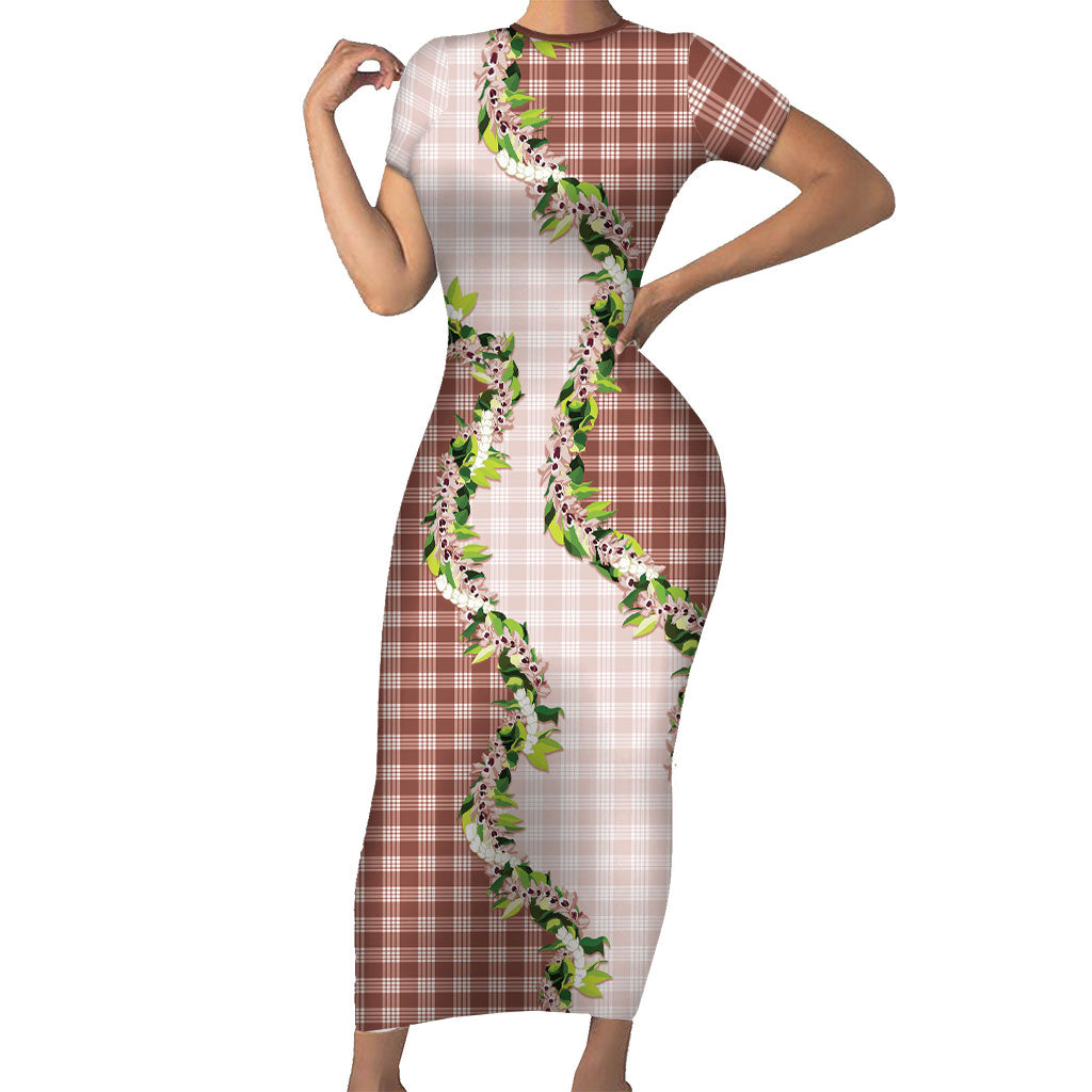 Mocha Hawaii Palaka Family Matching Short Sleeve Bodycon Dress and Hawaiian Shirt Maile Pikake Honohono Orchid Lei LT05 Mom's Dress Mocha - Polynesian Pride