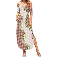 Mocha Hawaii Palaka Family Matching Summer Maxi Dress and Hawaiian Shirt Maile Pikake Honohono Orchid Lei LT05 Mom's Dress Mocha - Polynesian Pride