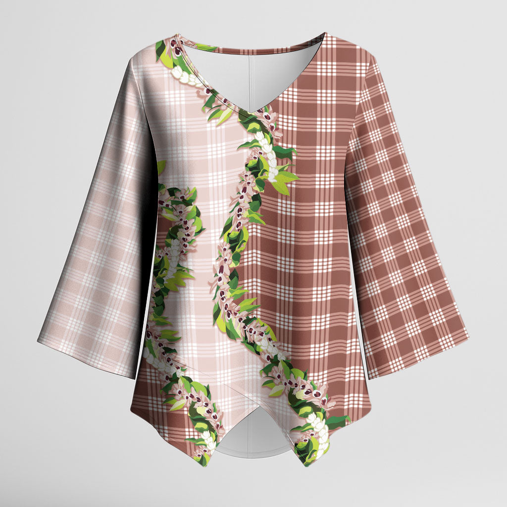 Mocha Hawaii Palaka Kimono Sleeve Blouse Maile Pikake Honohono Orchid Lei
