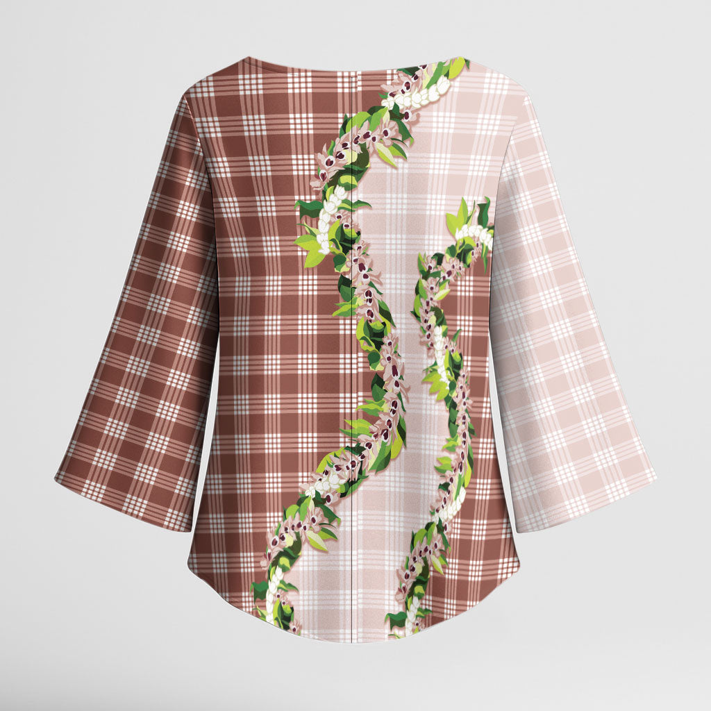 Mocha Hawaii Palaka Kimono Sleeve Blouse Maile Pikake Honohono Orchid Lei