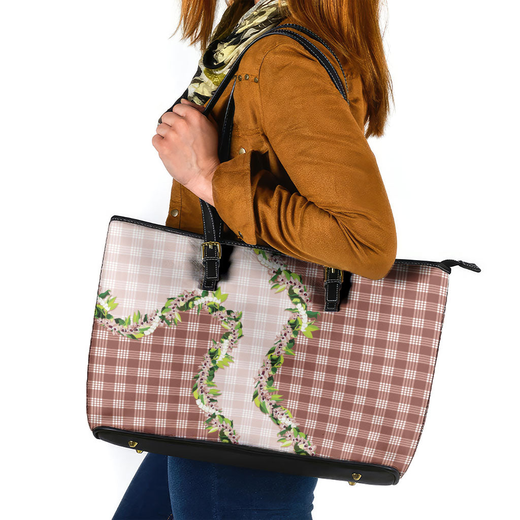 Mocha Hawaii Palaka Leather Tote Bag Maile Pikake Honohono Orchid Lei