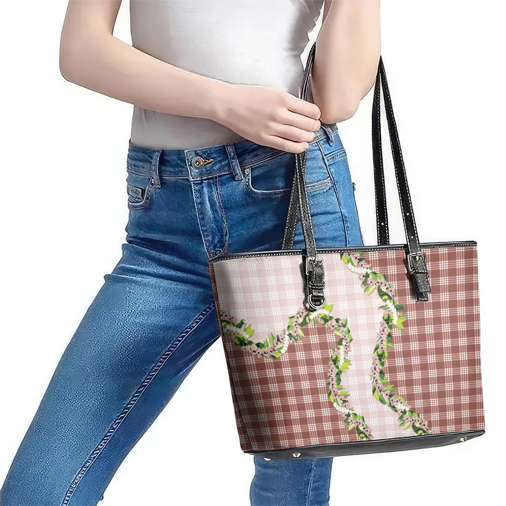 Mocha Hawaii Palaka Leather Tote Bag Maile Pikake Honohono Orchid Lei