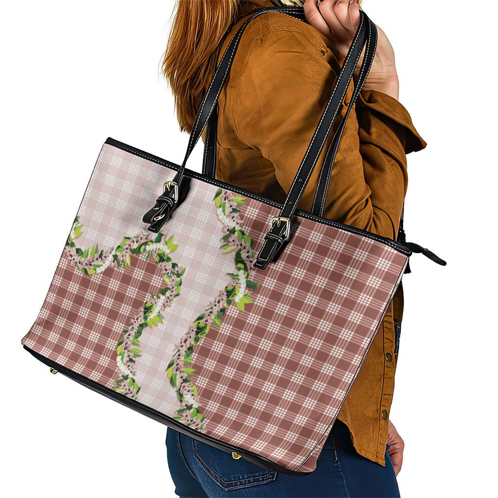 Mocha Hawaii Palaka Leather Tote Bag Maile Pikake Honohono Orchid Lei