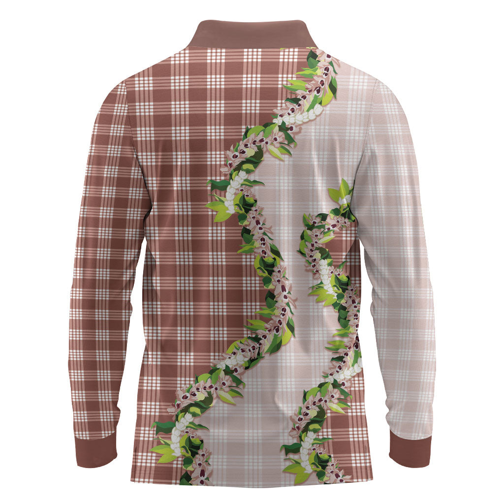 Mocha Hawaii Palaka Long Sleeve Polo Shirt Maile Pikake Honohono Orchid Lei