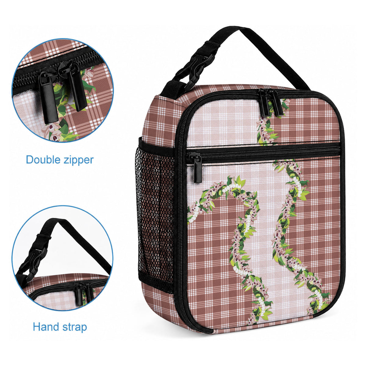Mocha Hawaii Palaka Lunch Bag Maile Pikake Honohono Orchid Lei LT05 - Polynesian Pride