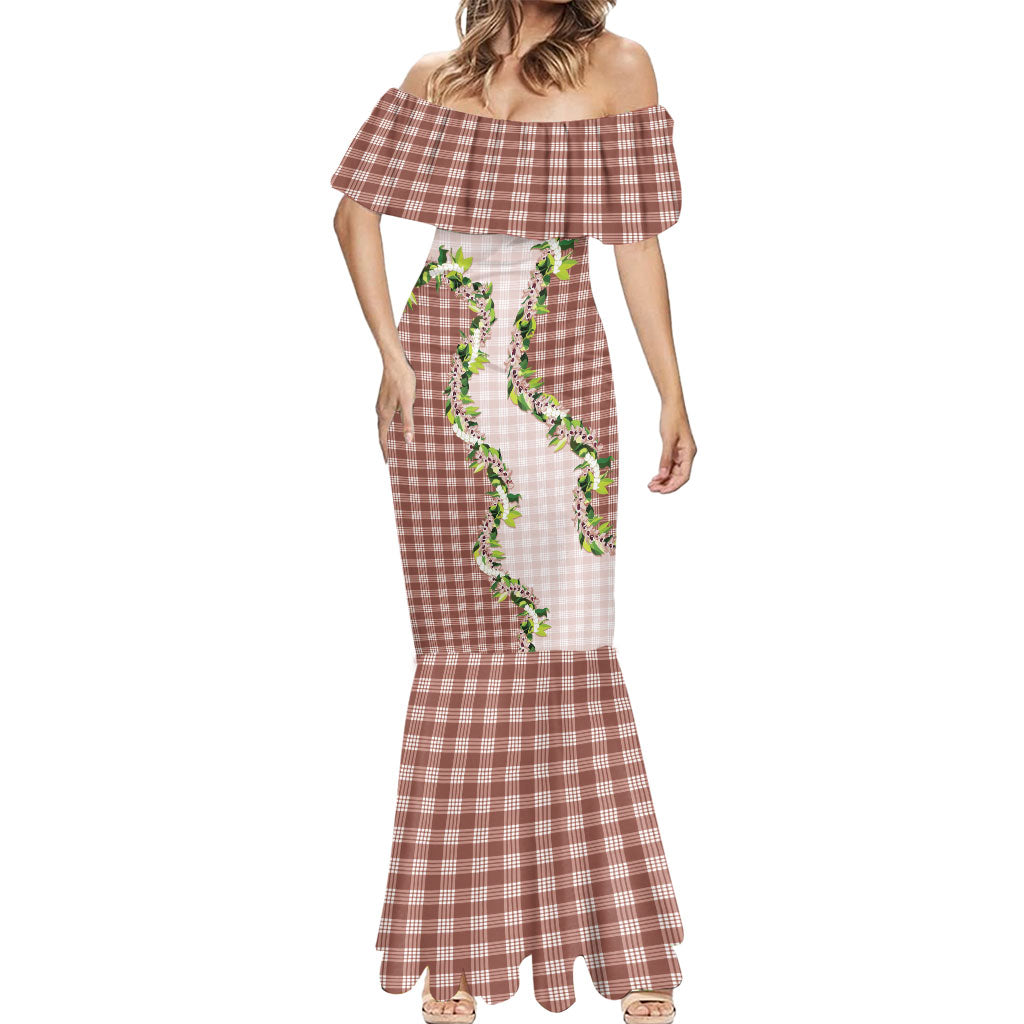 Mocha Hawaii Palaka Mermaid Dress Maile Pikake Honohono Orchid Lei