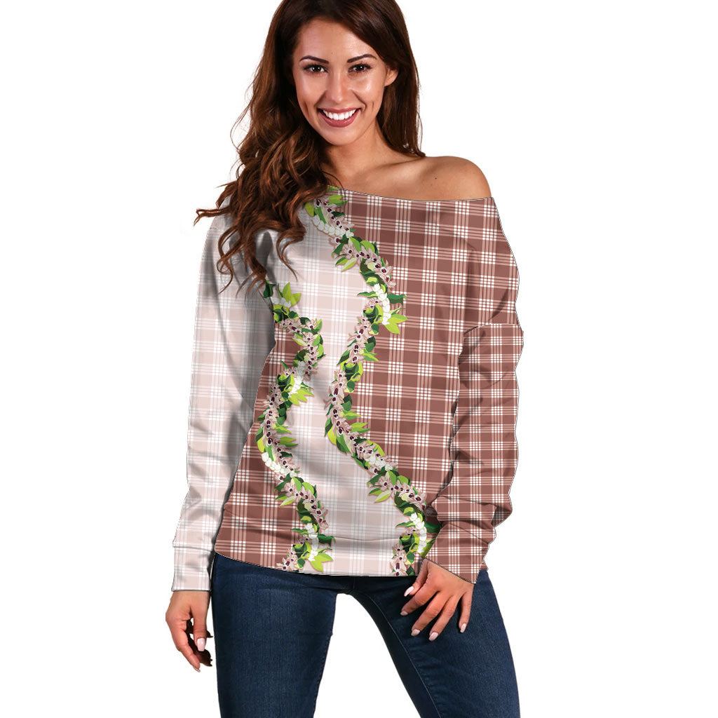 Mocha Hawaii Palaka Off Shoulder Sweater Maile Pikake Honohono Orchid Lei