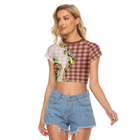 Mocha Hawaii Palaka Raglan Cropped T Shirt Maile Pikake Honohono Orchid Lei
