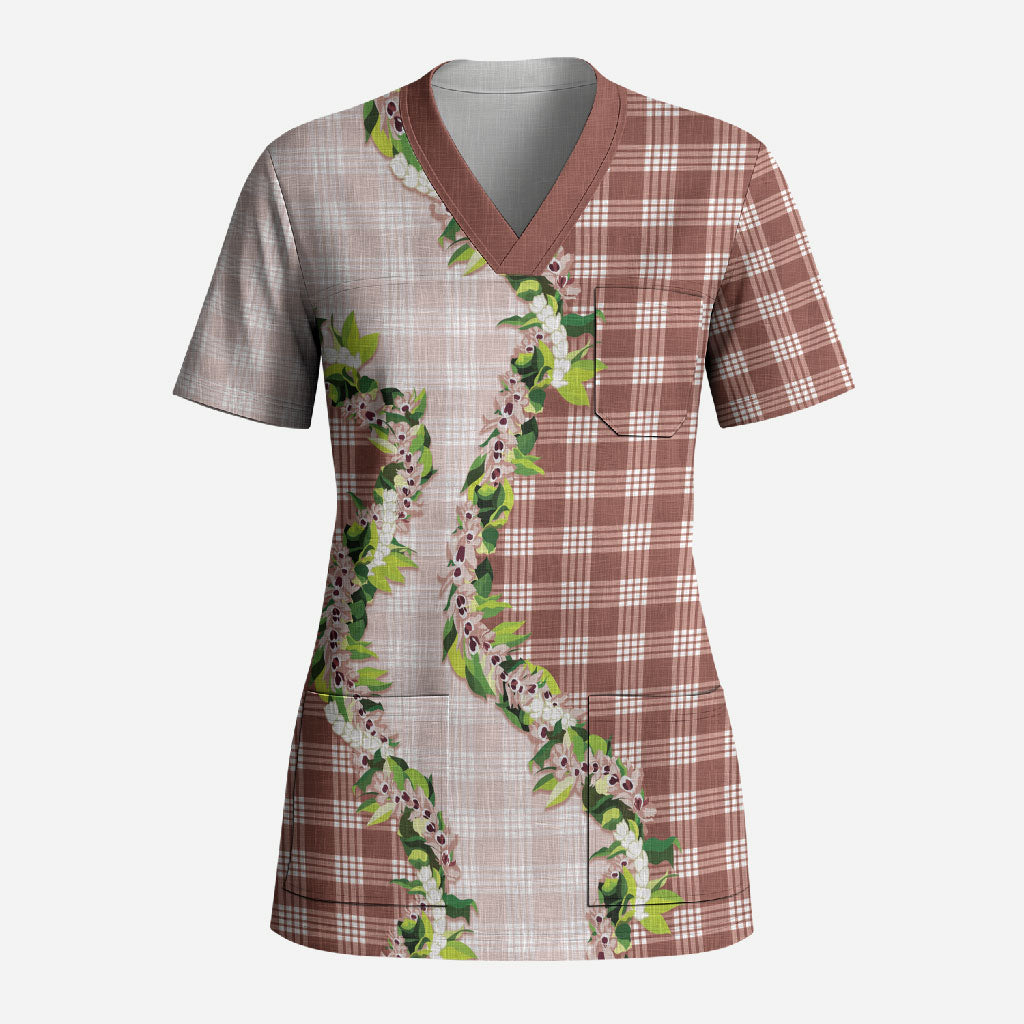 Mocha Hawaii Palaka Scrub Top Maile Pikake Honohono Orchid Lei