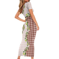 Mocha Hawaii Palaka Short Sleeve Bodycon Dress Maile Pikake Honohono Orchid Lei