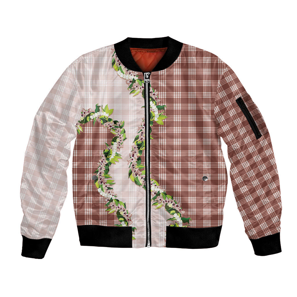 Mocha Hawaii Palaka Sleeve Zip Bomber Jacket Maile Pikake Honohono Orchid Lei