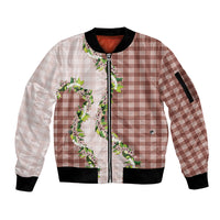 Mocha Hawaii Palaka Sleeve Zip Bomber Jacket Maile Pikake Honohono Orchid Lei
