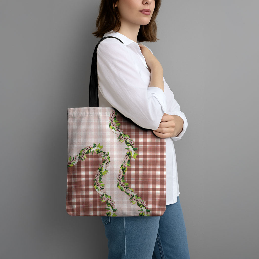 Mocha Hawaii Palaka Tote Bag Maile Pikake Honohono Orchid Lei