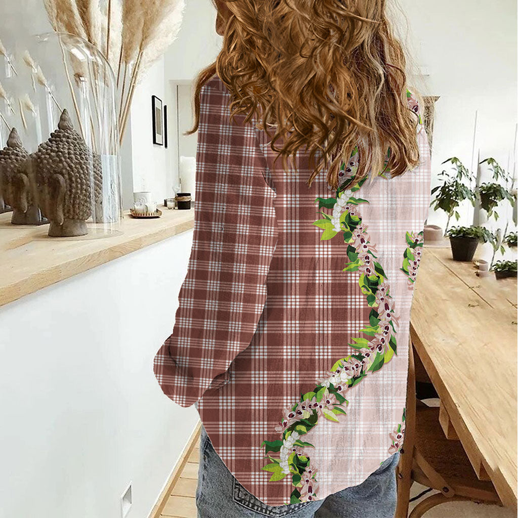 Mocha Hawaii Palaka Women Casual Shirt Maile Pikake Honohono Orchid Lei LT05 - Polynesian Pride